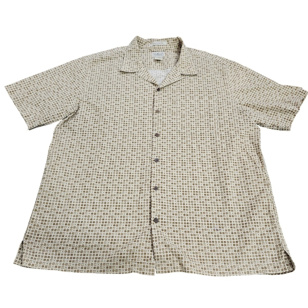 L.L. Bean Shirt Mens Large Beige Geometric Short Sleeve Button Casual Summer